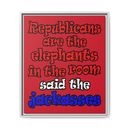donkeys and elephants - framed canvas art (dark red)