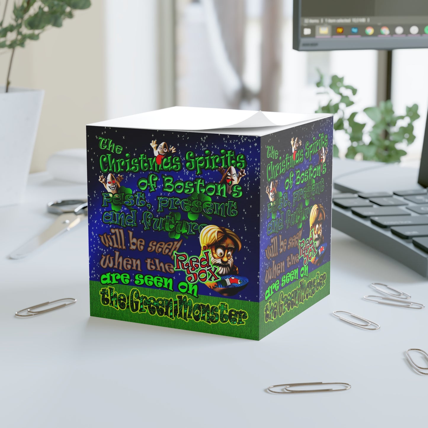 christmas spirits of boston - note cube ('snoops' background)