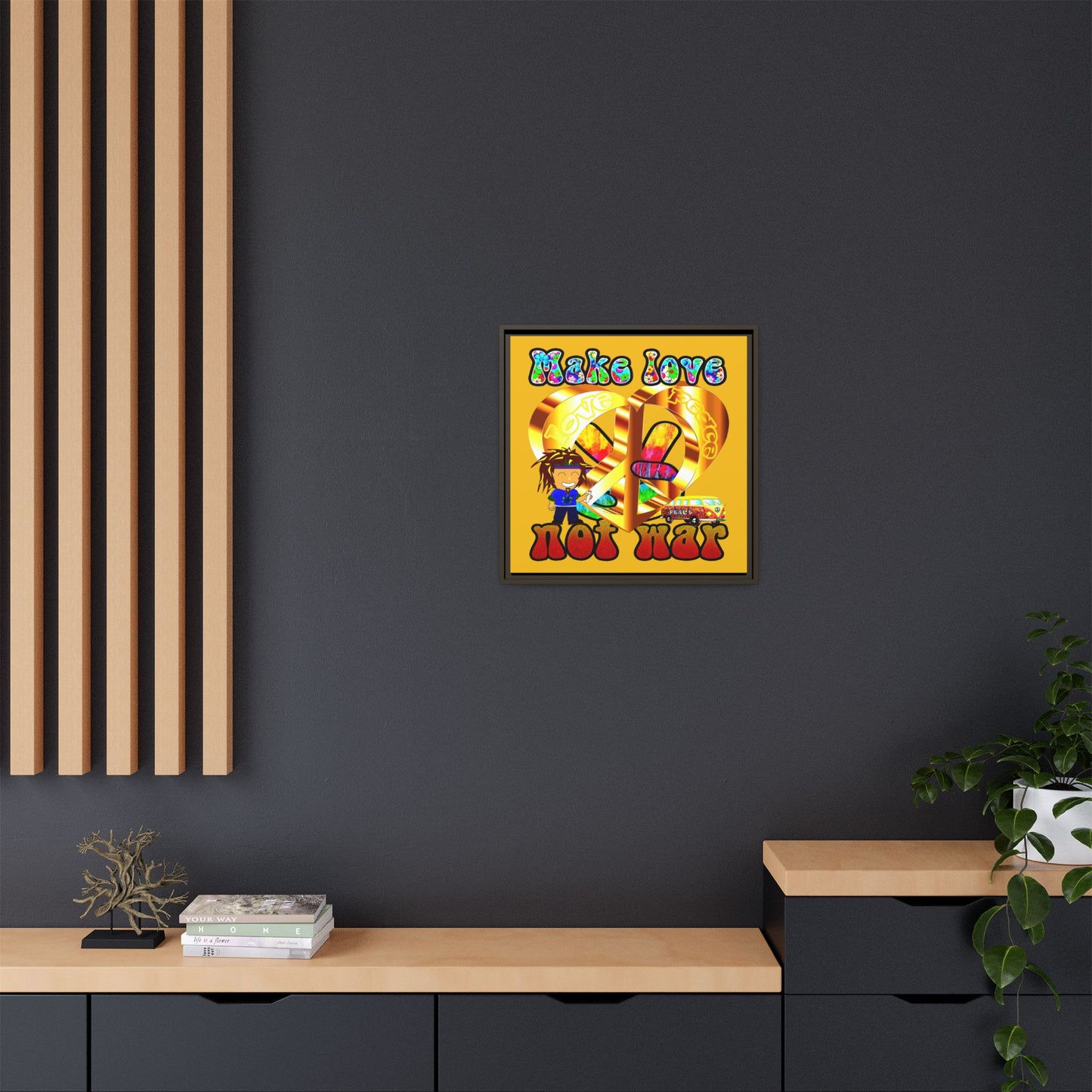 love peace - framed canvas art (yellow)
