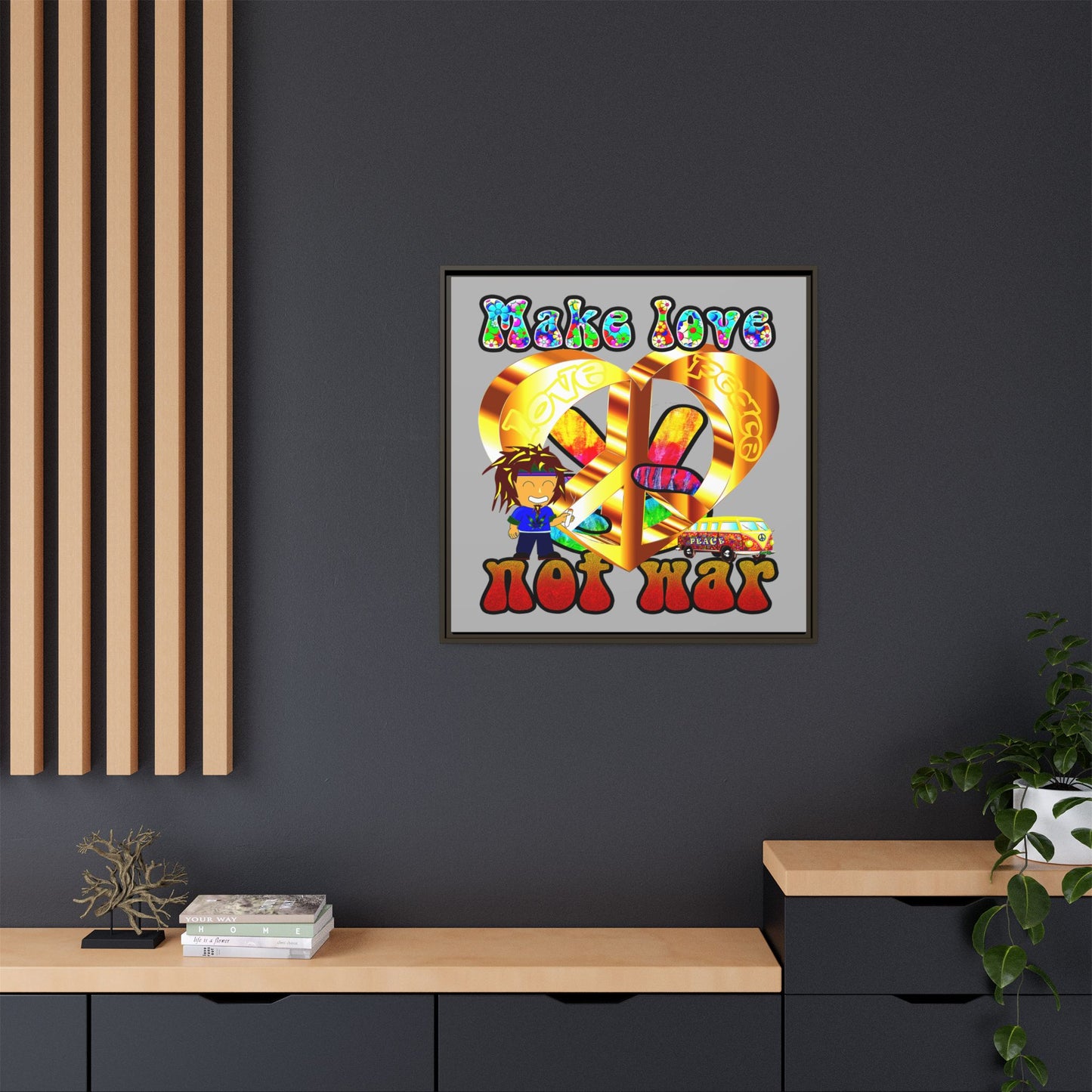 love peace - framed canvas art (light grey)