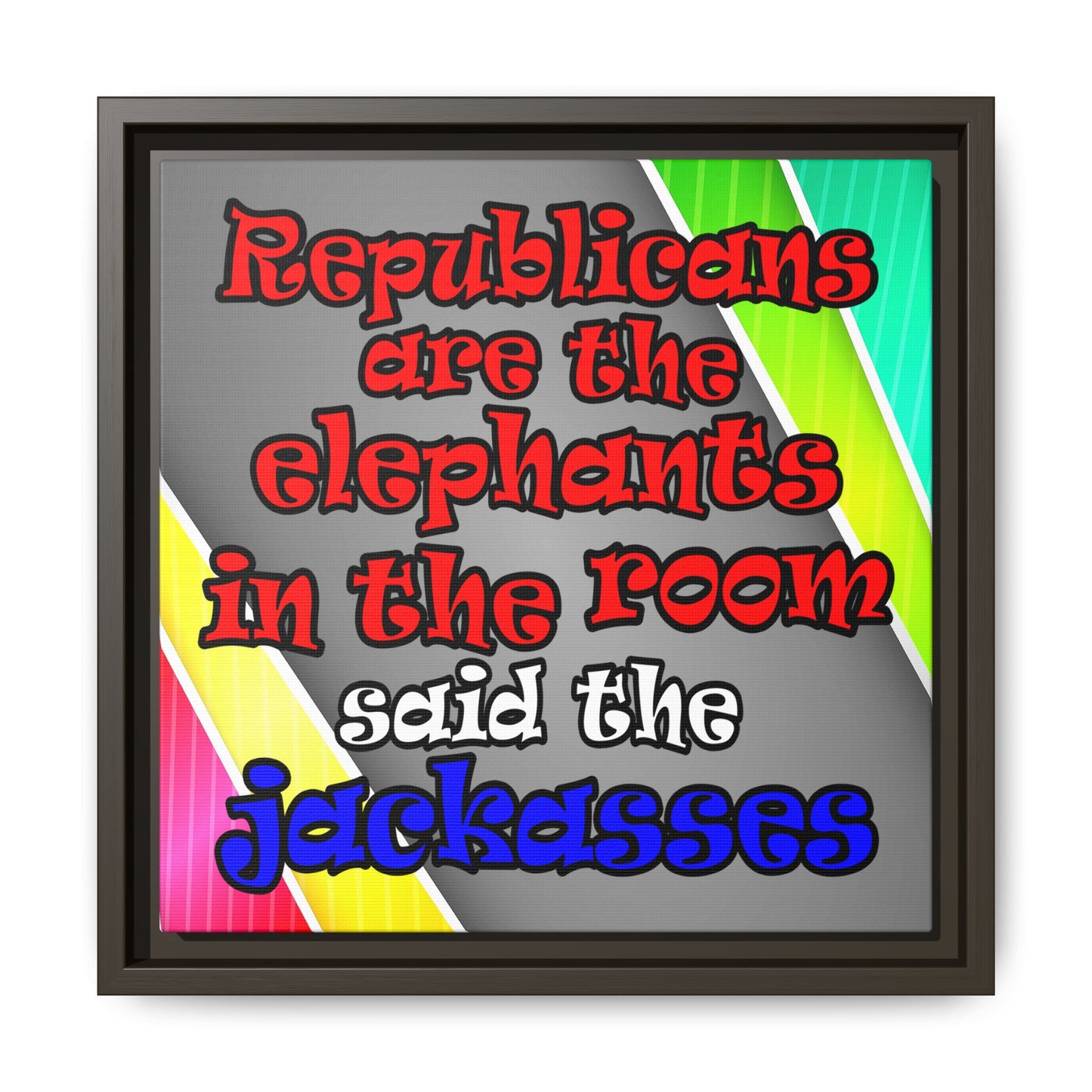 donkeys and elephants - framed canvas art (rainbow split)