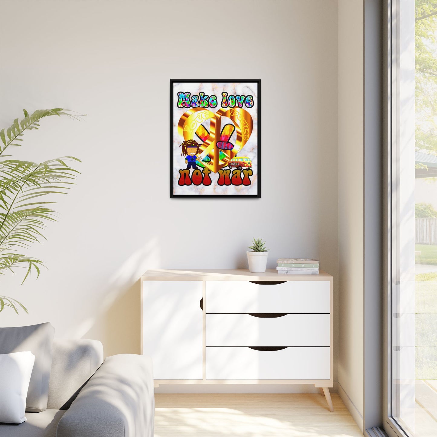 love peace - framed canvas art (white marble)