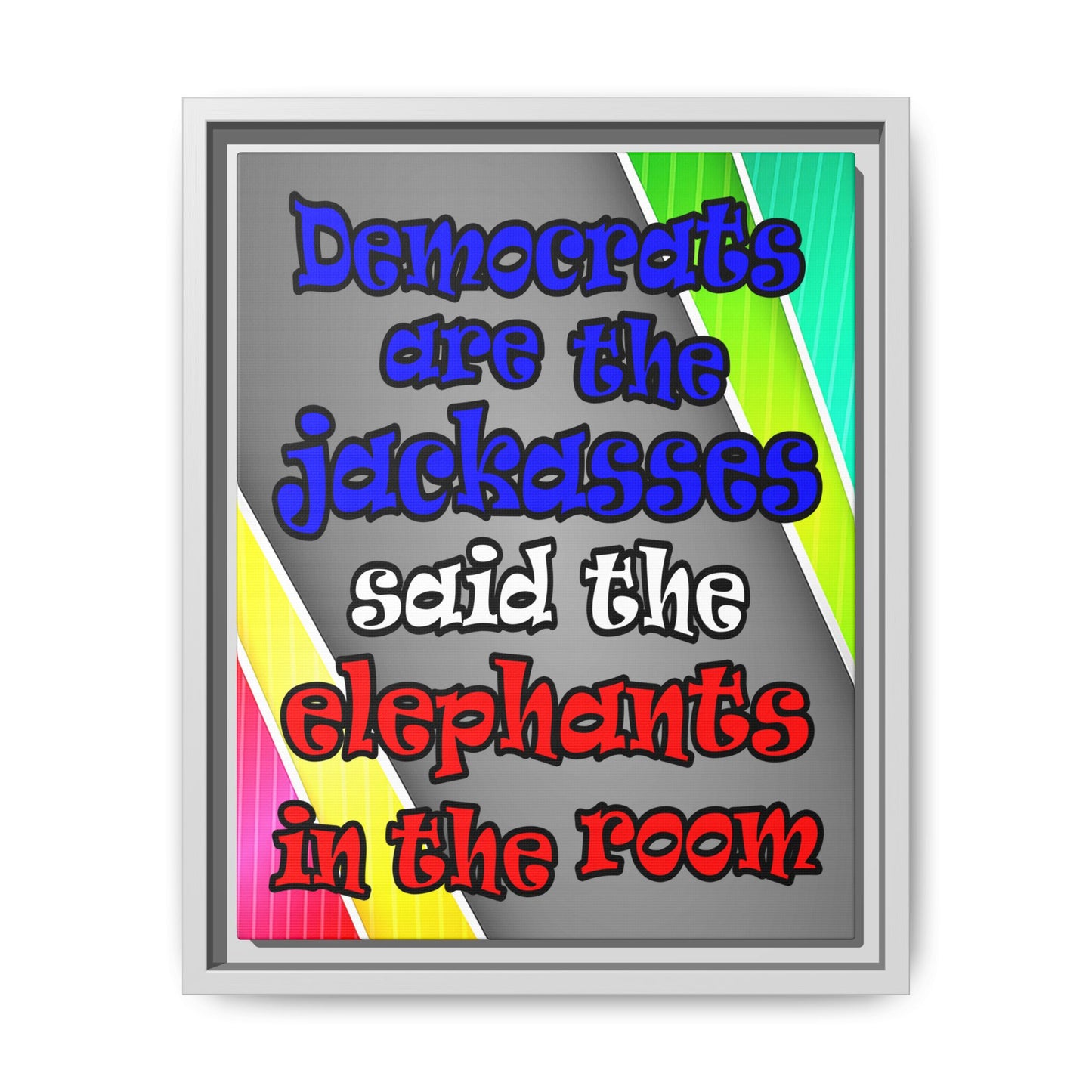 donkeys and elephants - framed canvas art (rainbow split)