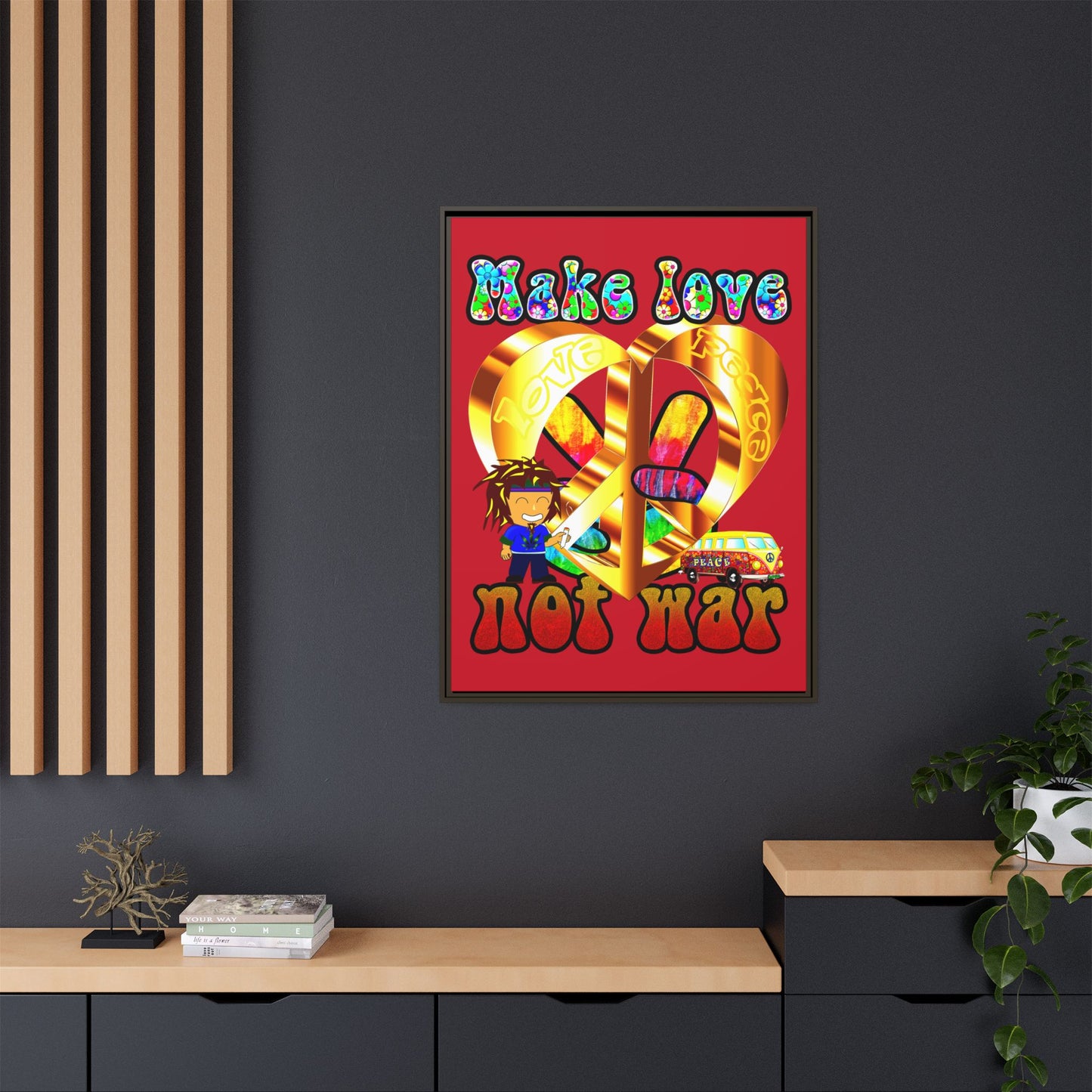 love peace - framed canvas art (dark red)