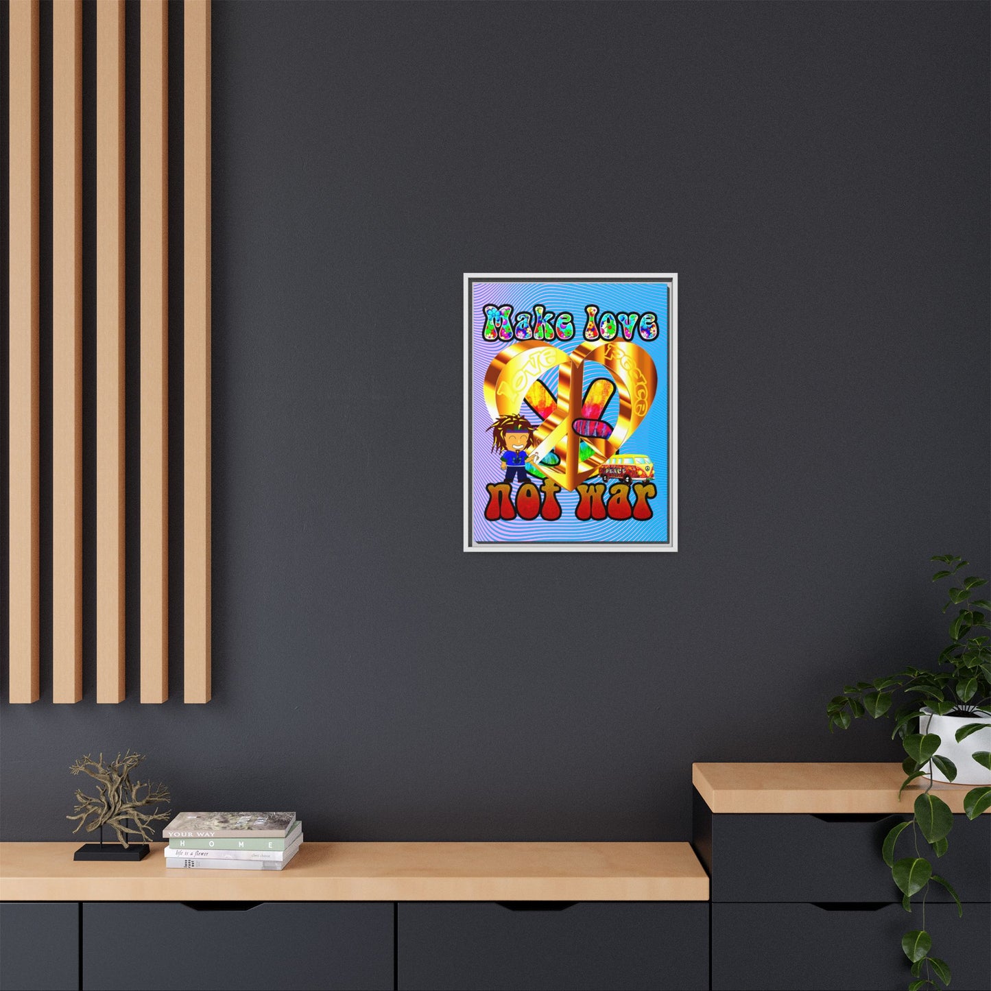 love peace - framed canvas art (light blue-purple wave)