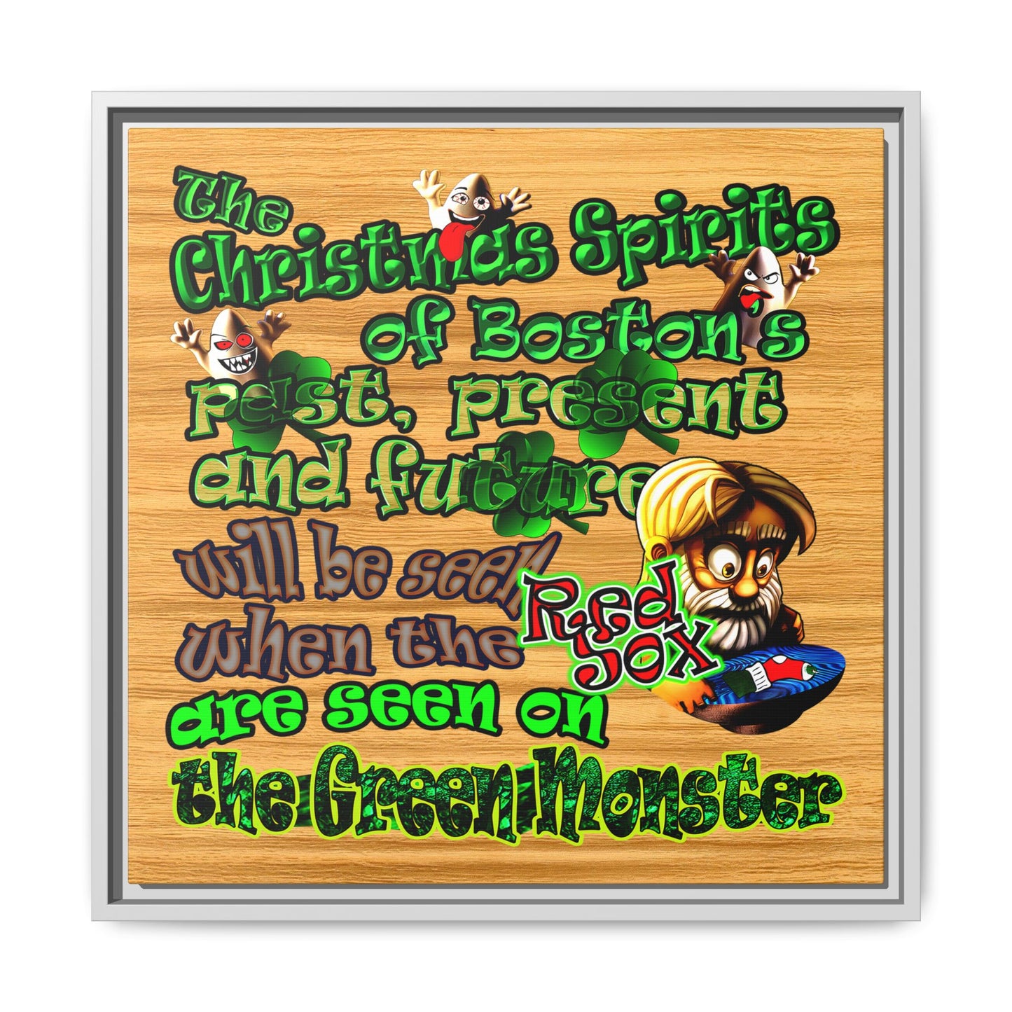 christmas spirits of boston - framed canvas art (butterscotch wood finish)
