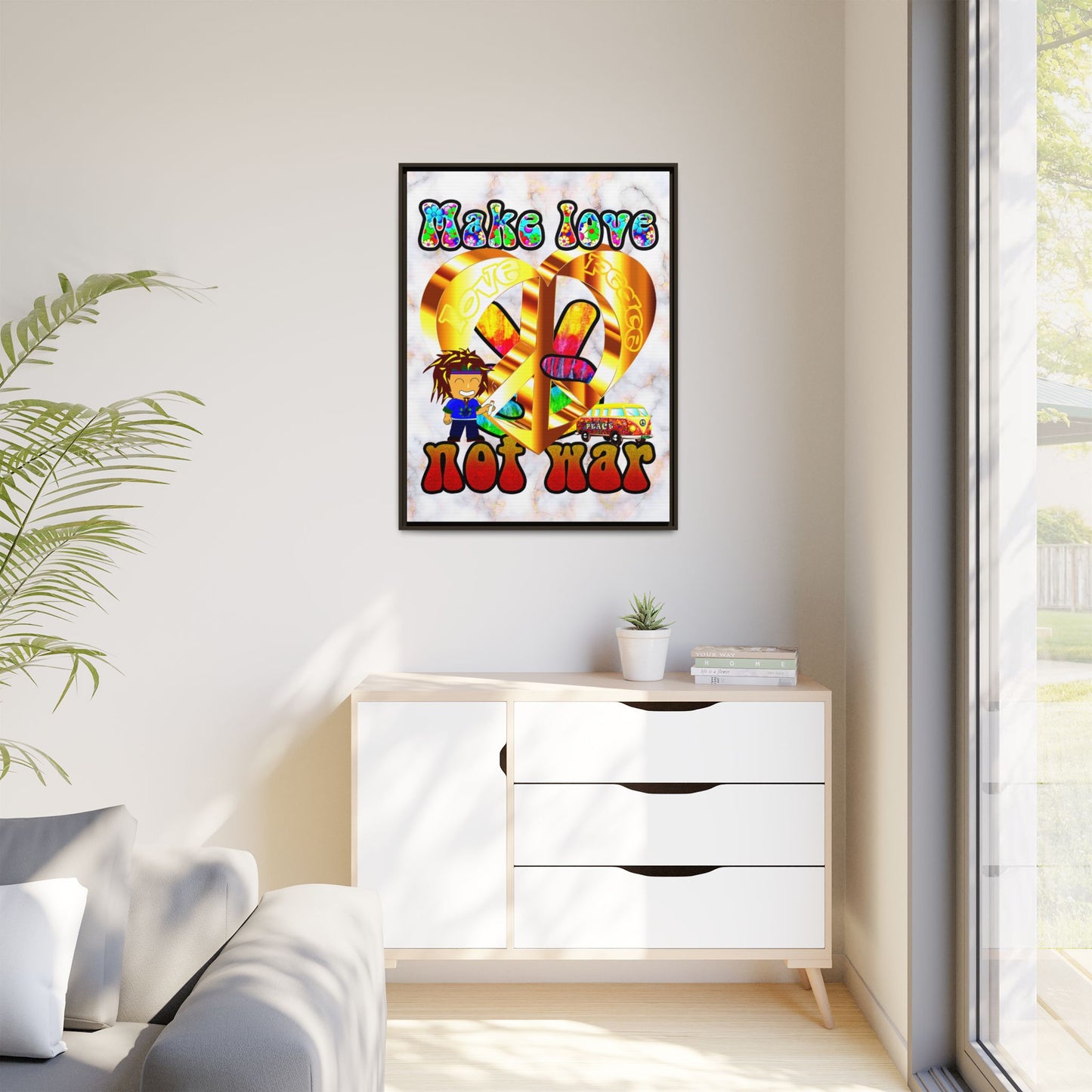 love peace - framed canvas art (white marble)