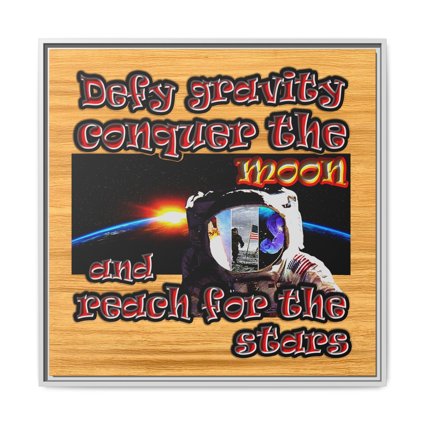 defy conquer reach - framed canvas art (butterscotch wood finish)