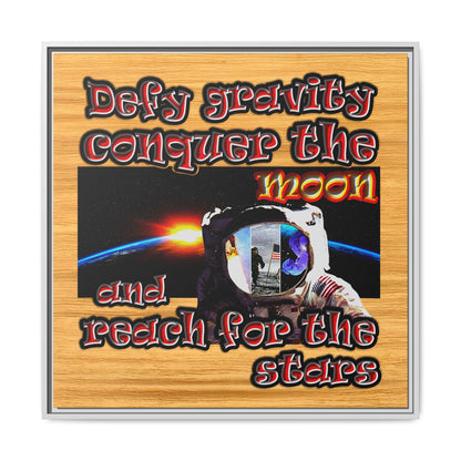 defy conquer reach - framed canvas art (butterscotch wood finish)