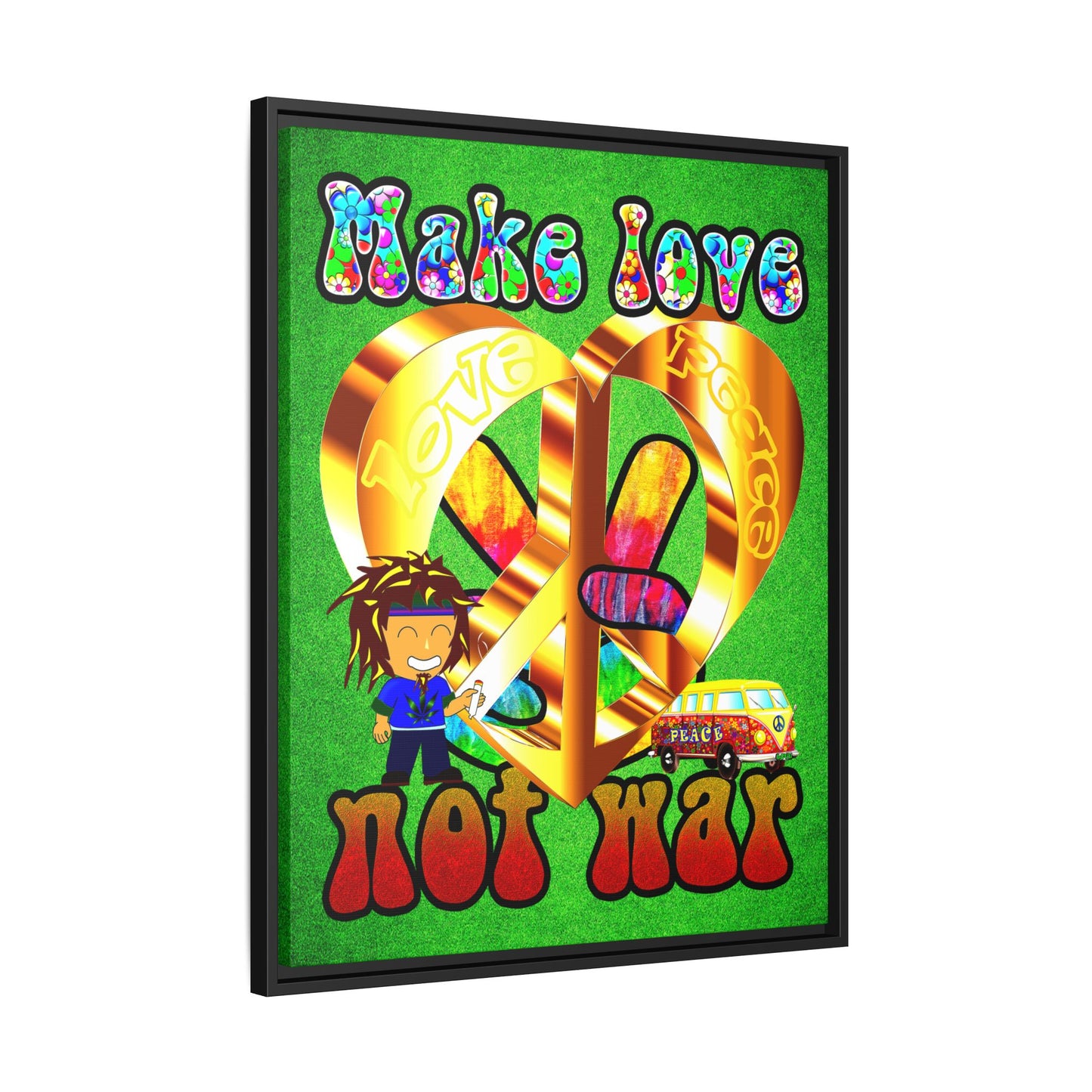 love peace - framed canvas art (green turf)