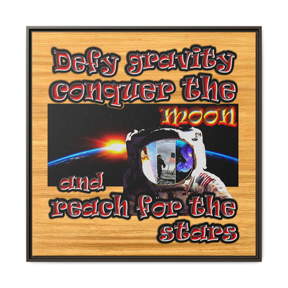 defy conquer reach - framed canvas art (butterscotch wood finish)