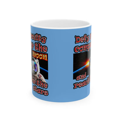 defy conquer reach - White Mug (light blue)