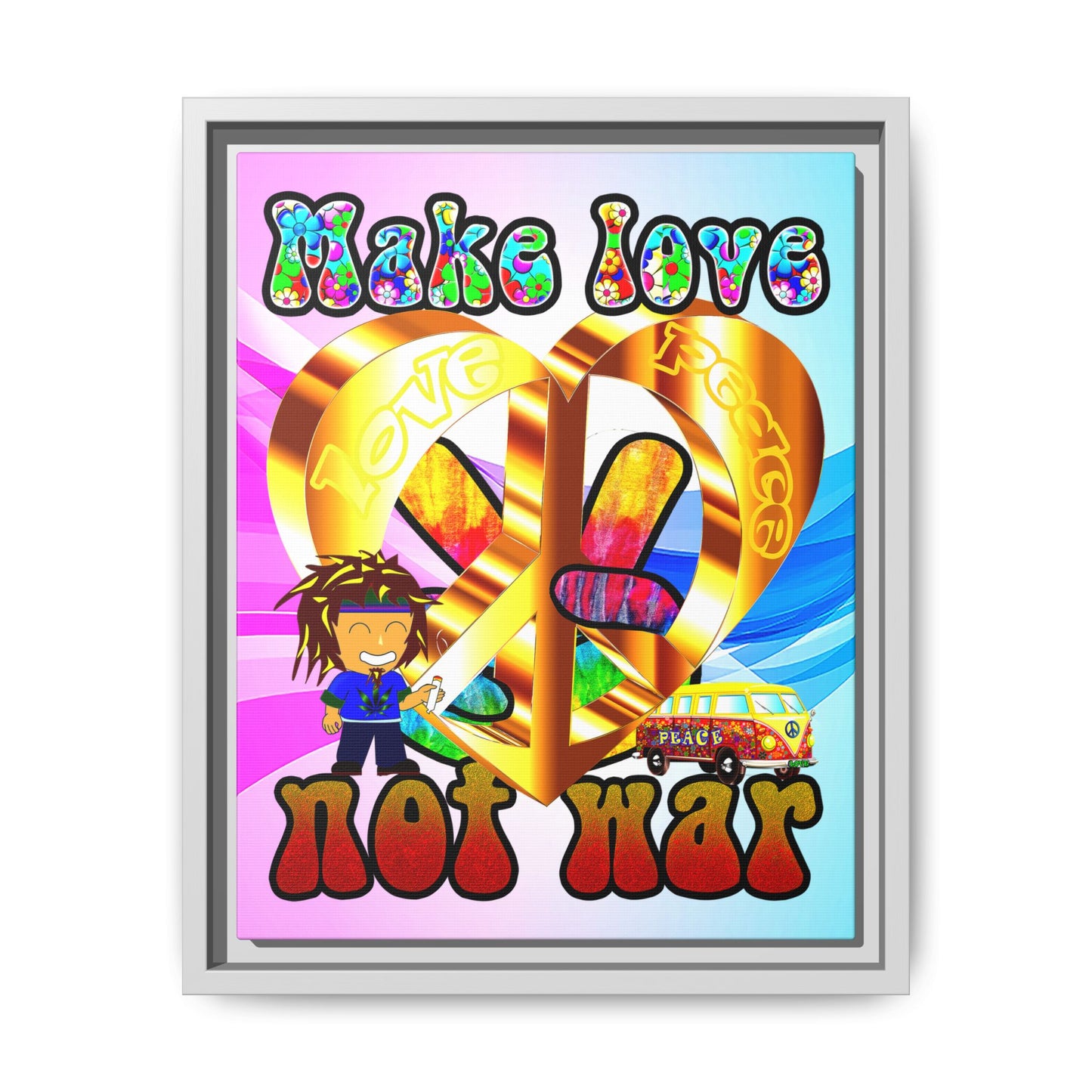 love peace - framed canvas art (light blue-pink wave)