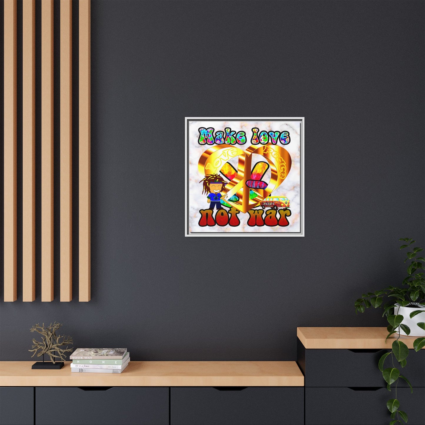 love peace - framed canvas art (white marble)
