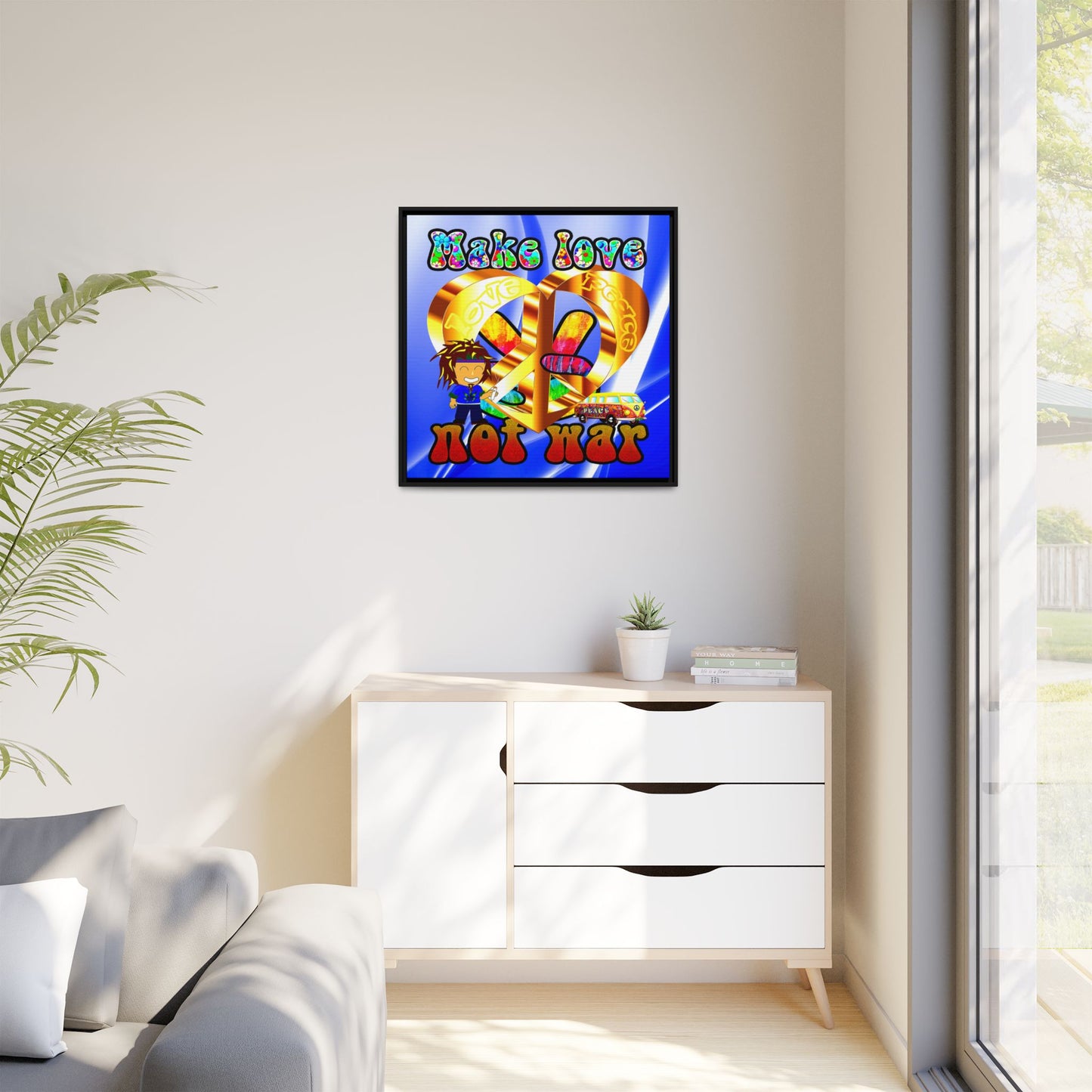 love peace - framed canvas art (blue-white wave)