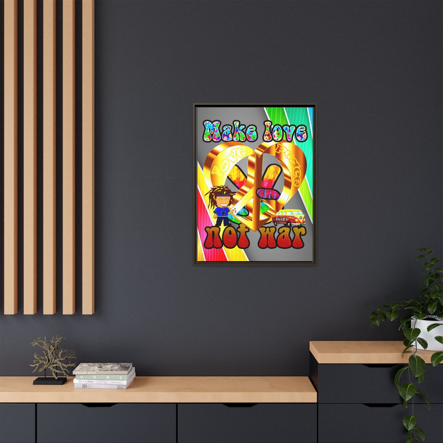 love peace - framed canvas art (rainbow split)