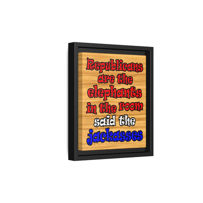 donkeys and elephants - framed canvas art (butterscotch wood finish)