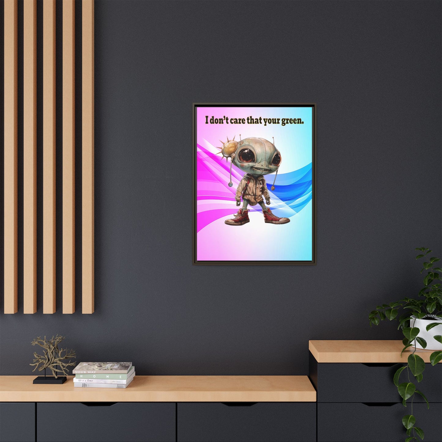 I don't care that your green - framed canvas art (light blue-pink wave)