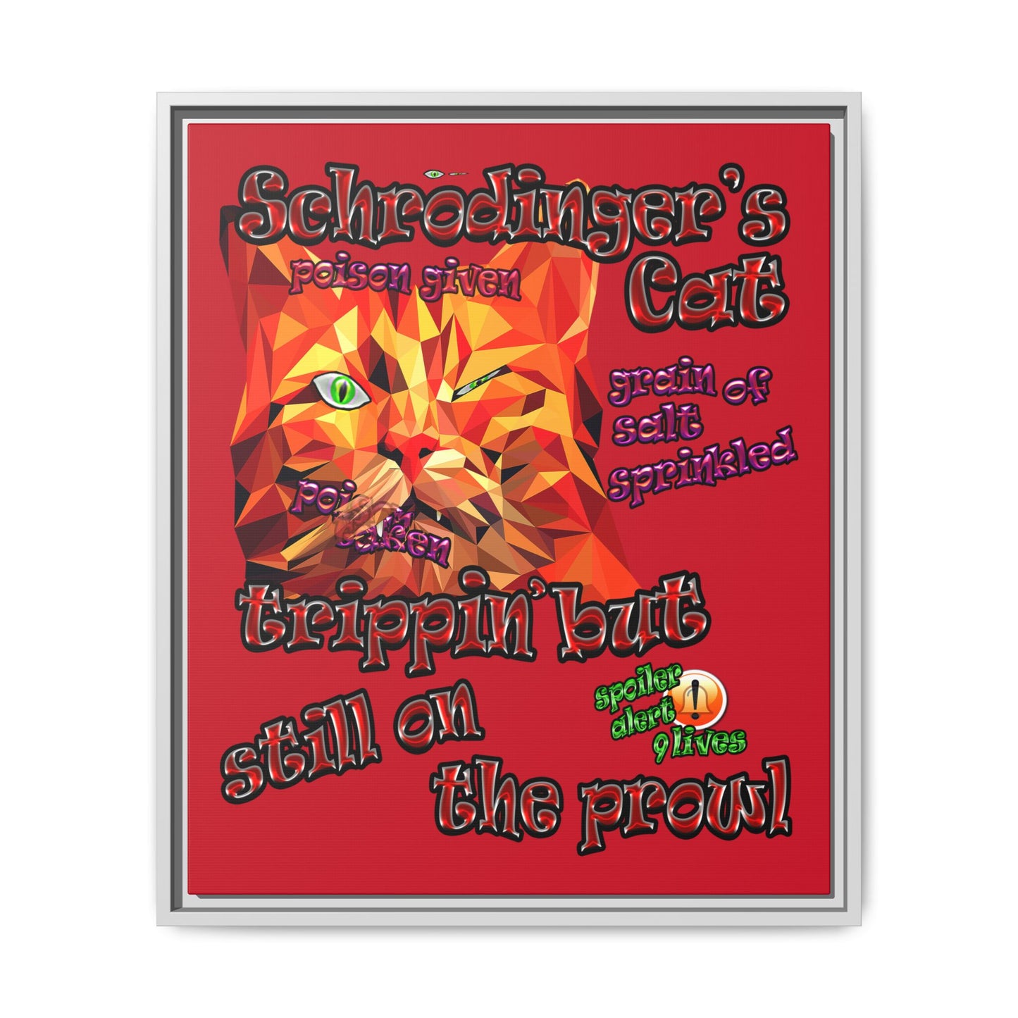schrodinger's cat - framed canvas art (dark red)