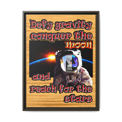 defy conquer reach - framed canvas art (butterscotch wood finish)