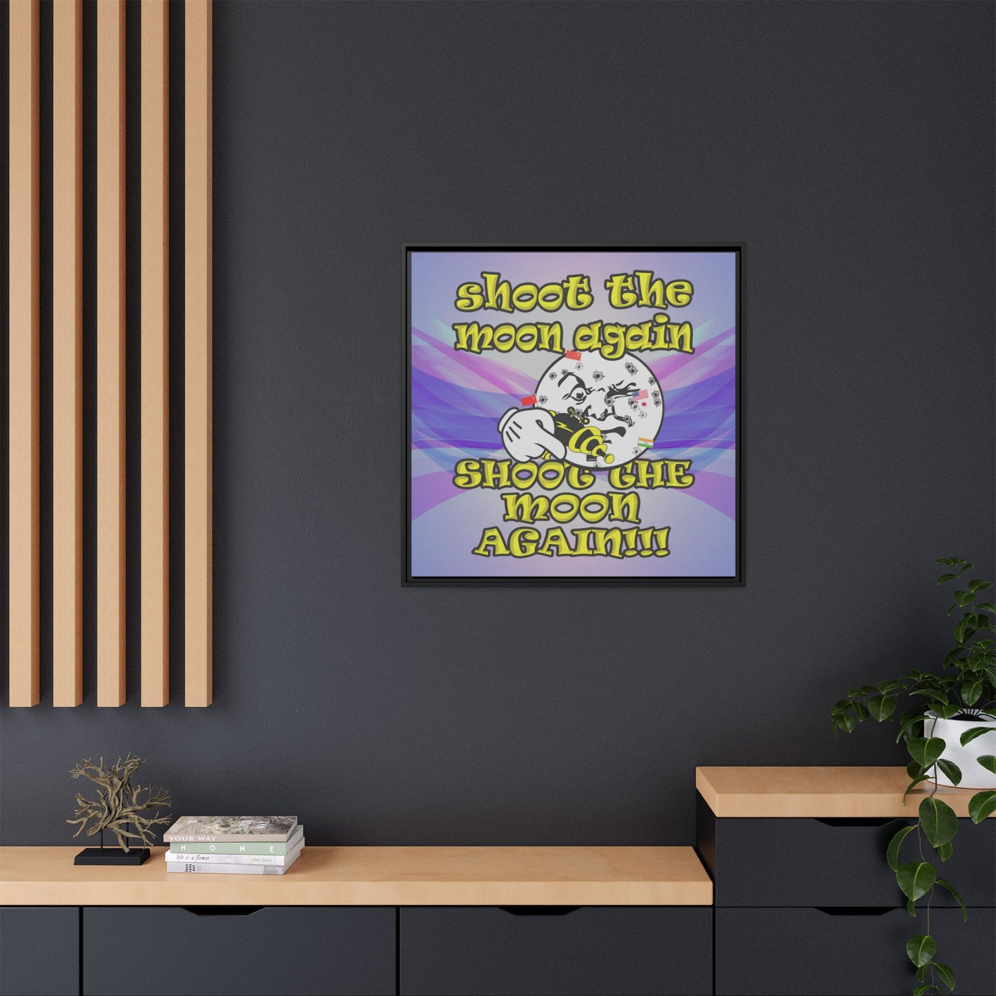 shoot the moon again - framed canvas art (light blue-pink wave)