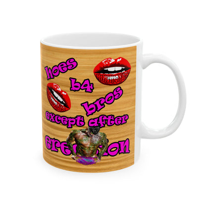 hoes b4 bros - White Mug (butterscotch wood finish)