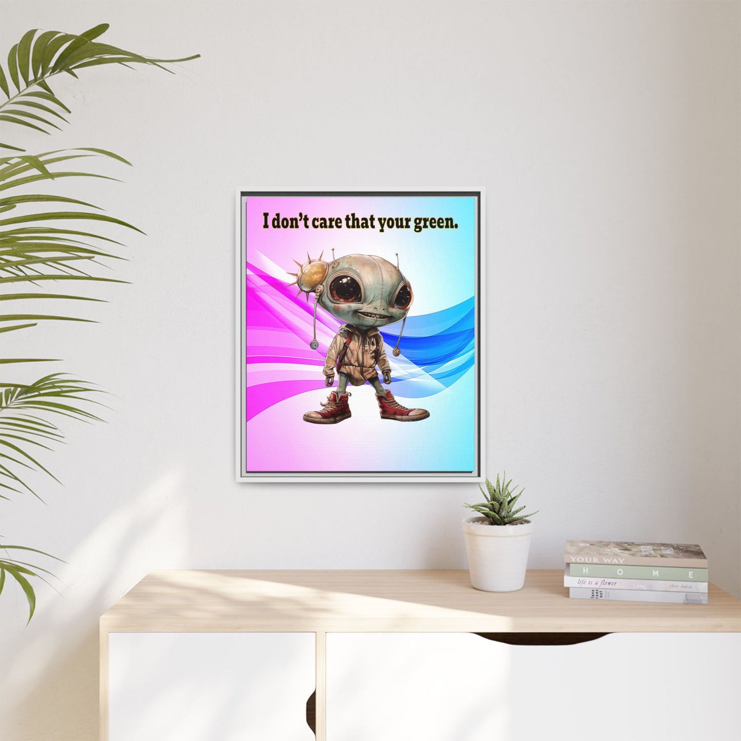 I don't care that your green - framed canvas art (light blue-pink wave)