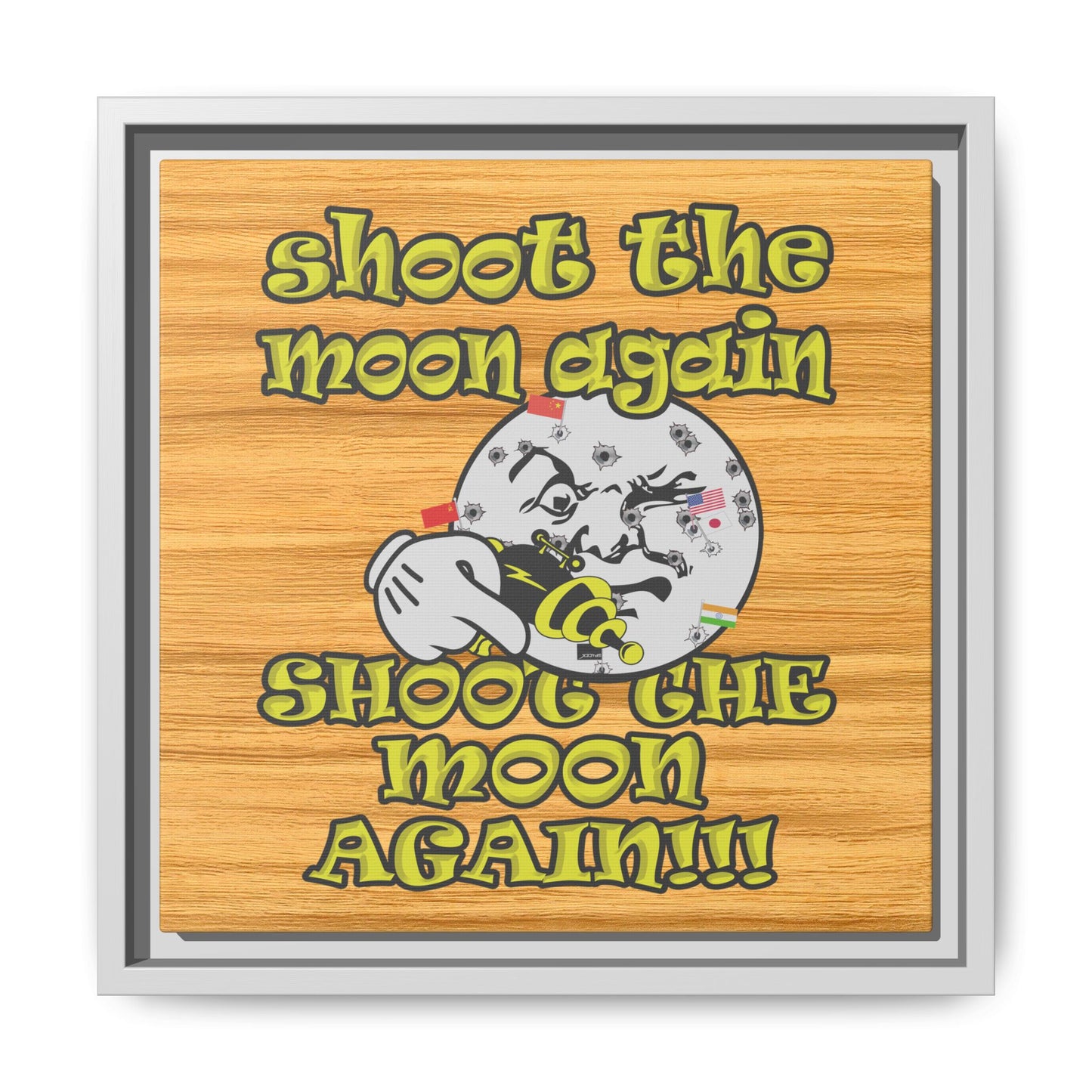 shoot the moon again - framed canvas art (butterscotch wood finish)