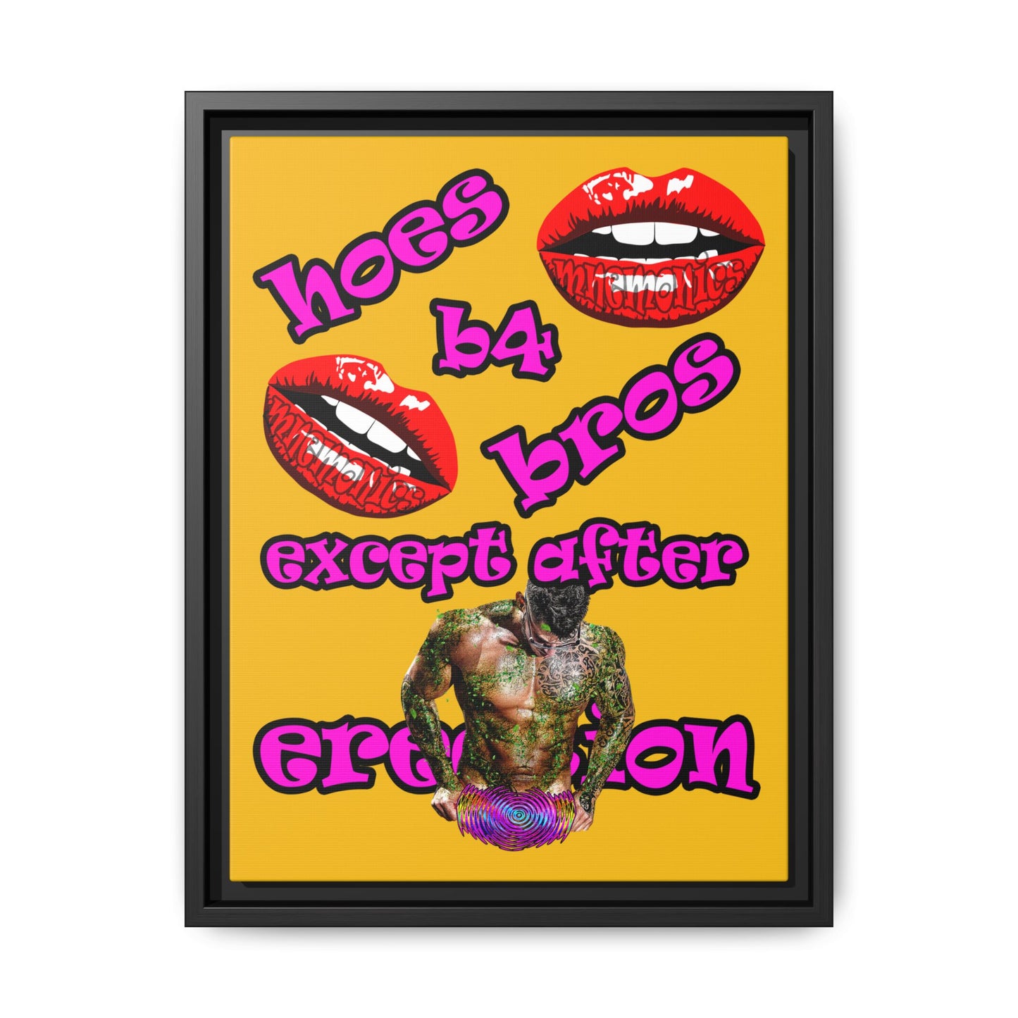 hoes b4 bros - framed canvas art (yellow)