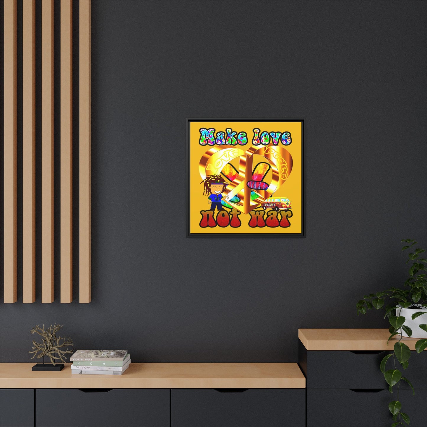 love peace - framed canvas art (yellow)