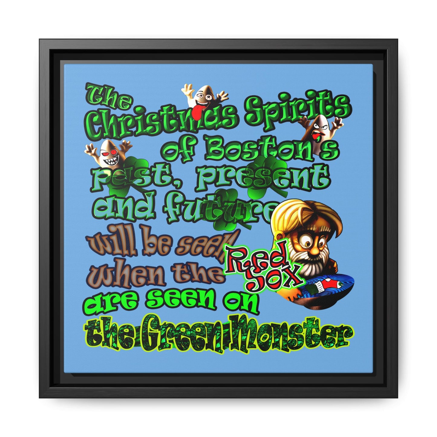 christmas spirits of boston - framed canvas art (light blue)