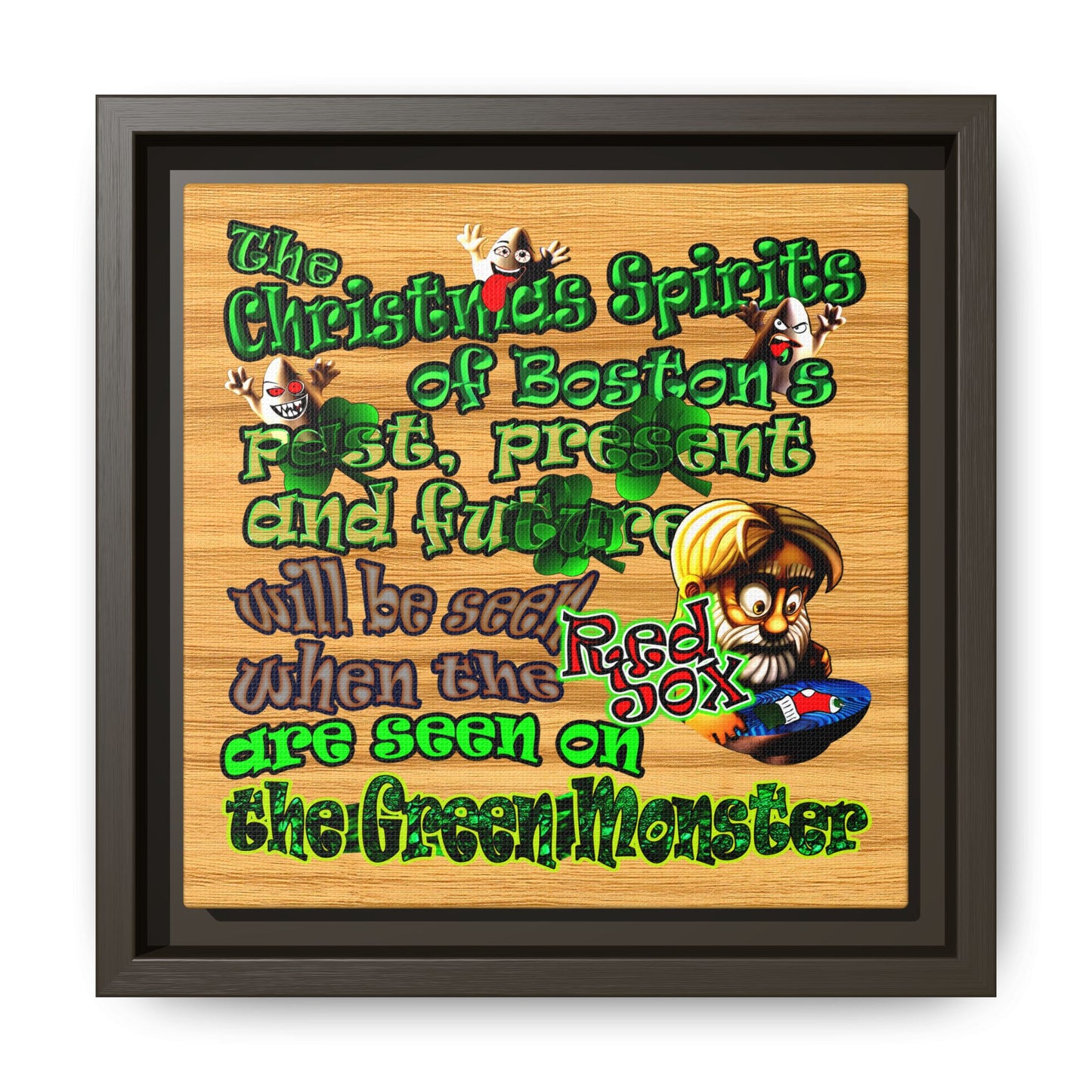 christmas spirits of boston - framed canvas art (butterscotch wood finish)