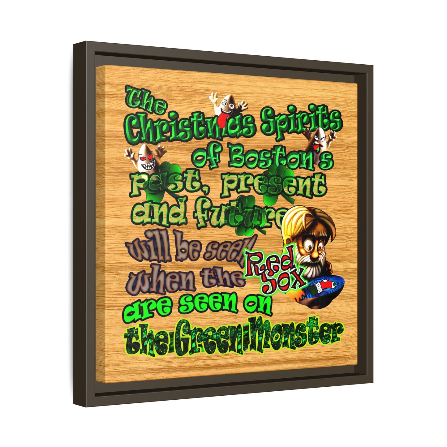 christmas spirits of boston - framed canvas art (butterscotch wood finish)