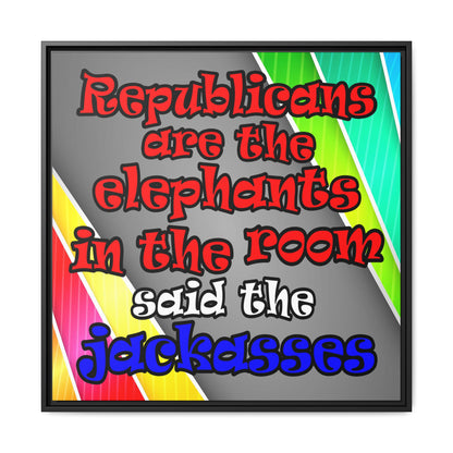 donkeys and elephants - framed canvas art (rainbow split)