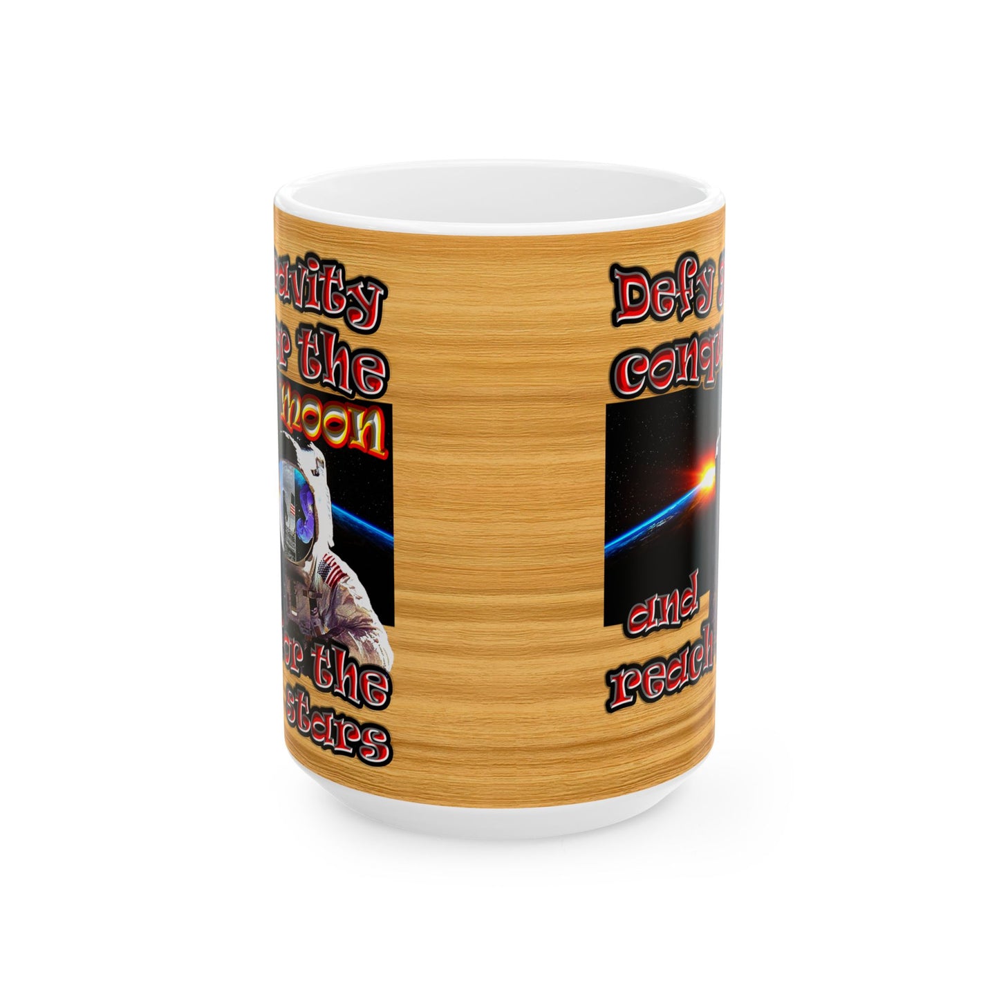defy conquer reach - White Mug (butterscotch wood finish)