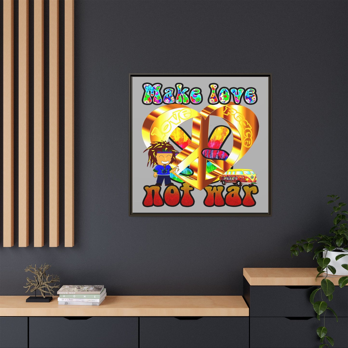 love peace - framed canvas art (light grey)