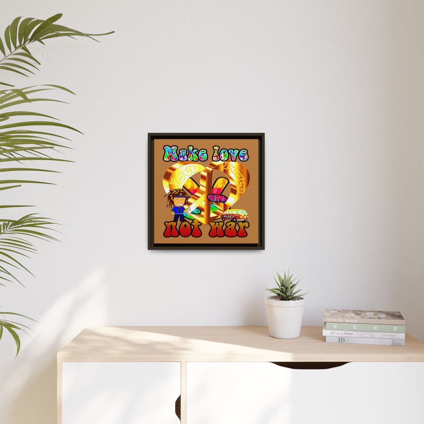 love peace - framed canvas art (light brown)