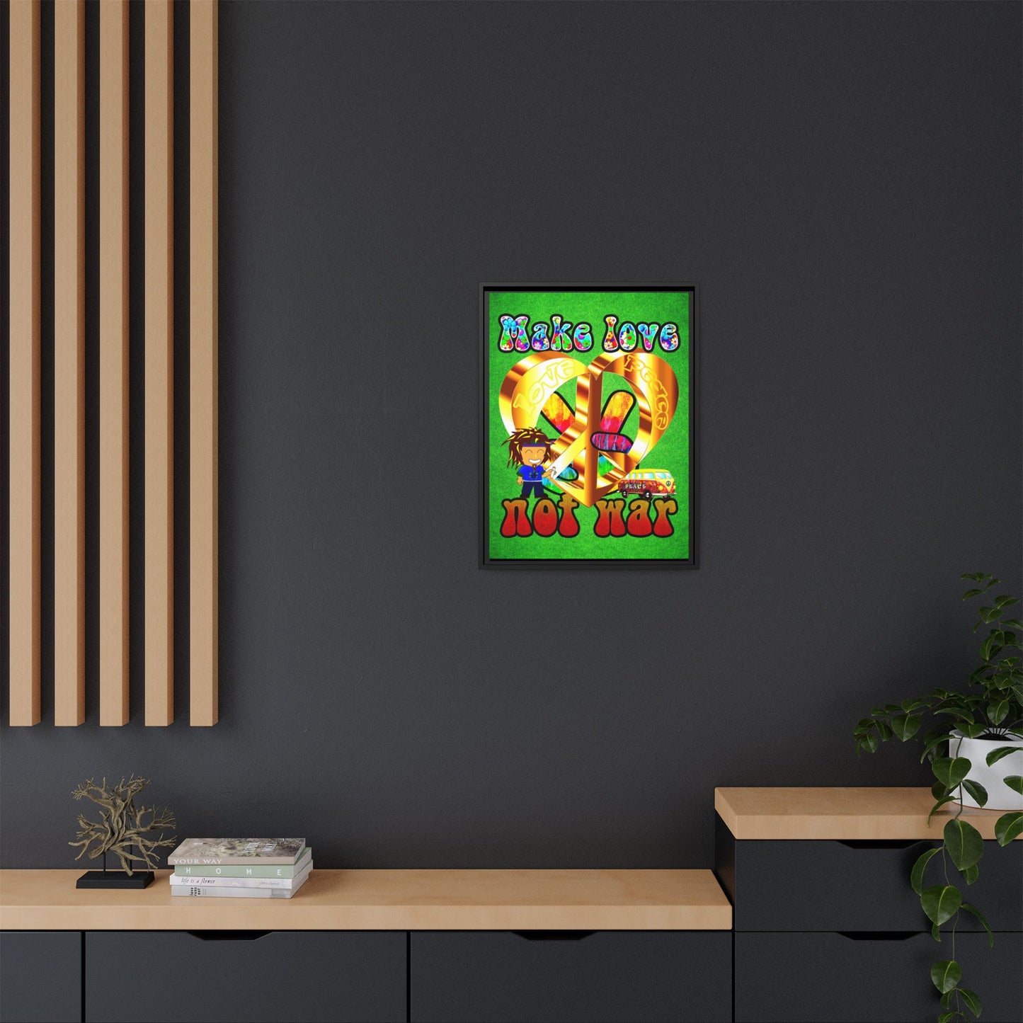 love peace - framed canvas art (green turf)