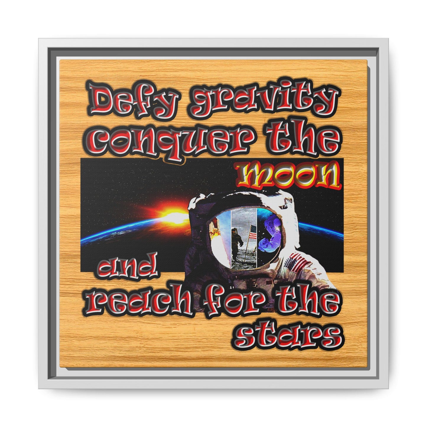 defy conquer reach - framed canvas art (butterscotch wood finish)