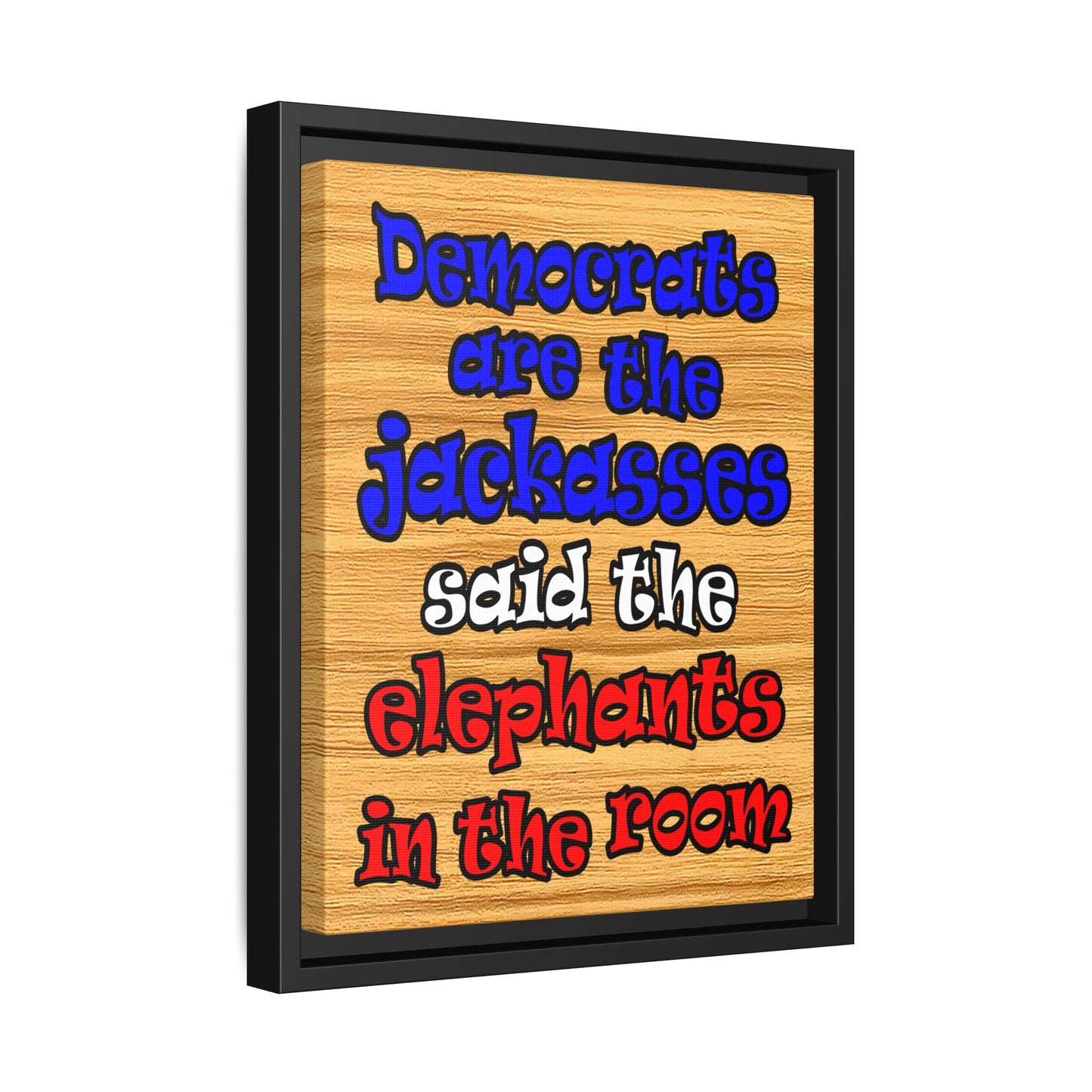 donkeys and elephants - framed canvas art (butterscotch wood finish)