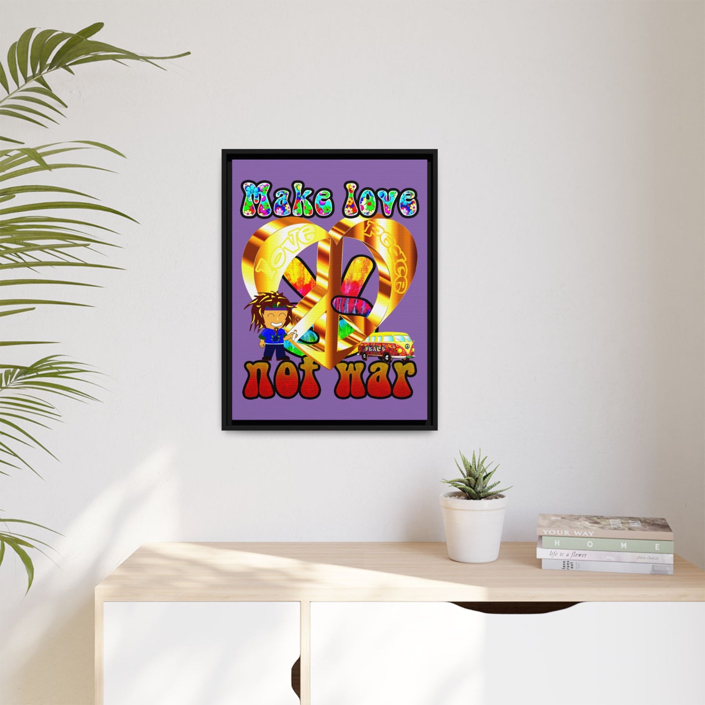 love peace - framed canvas art (light purple)