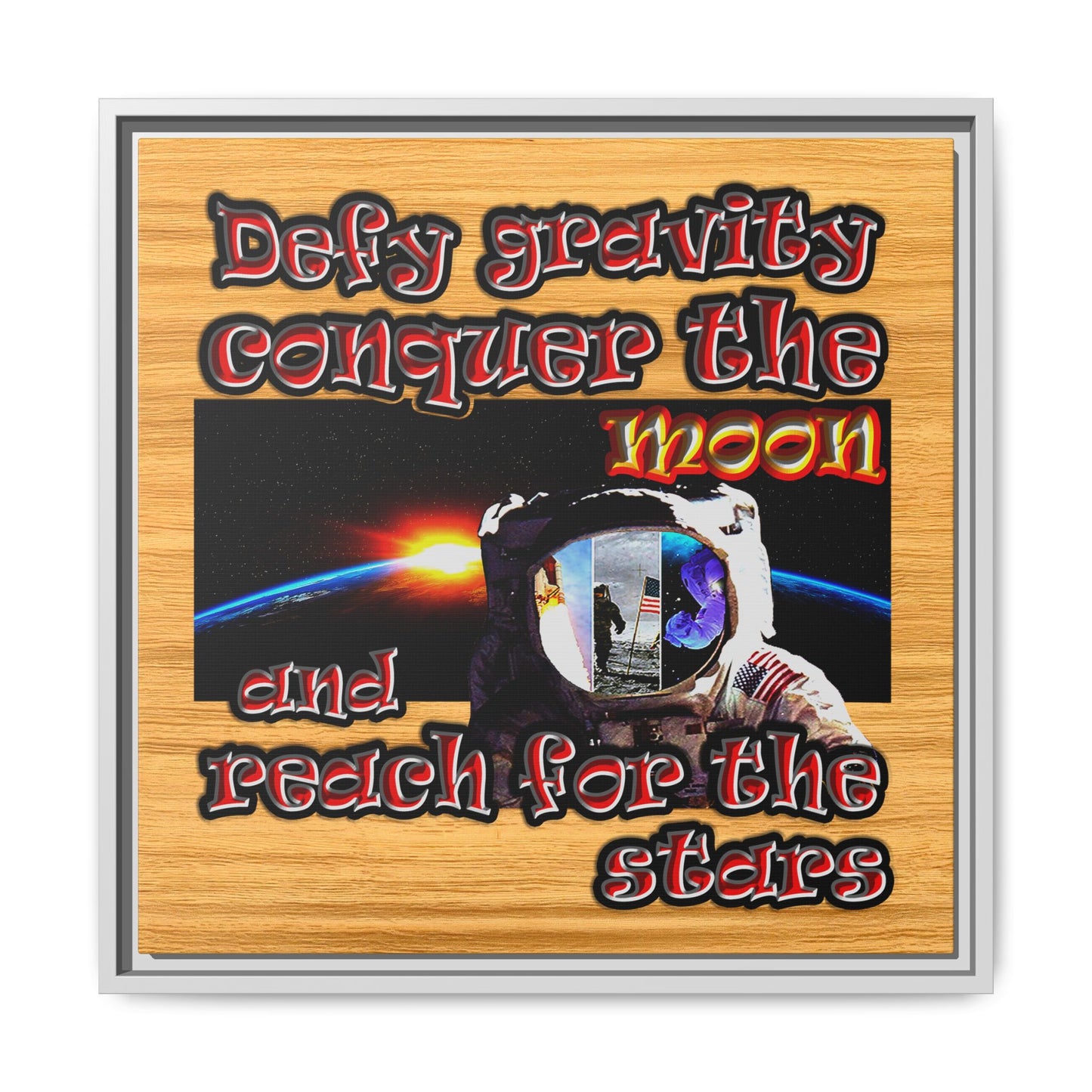 defy conquer reach - framed canvas art (butterscotch wood finish)
