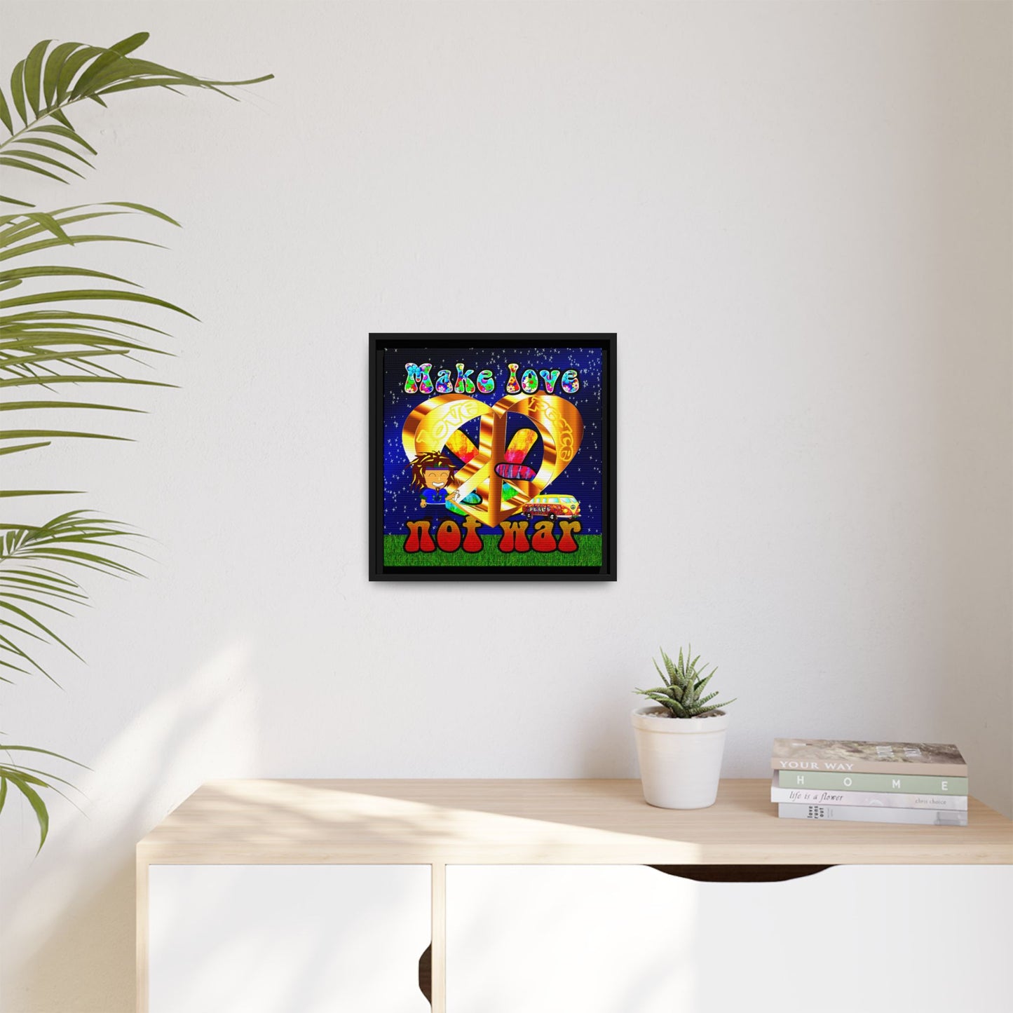 love peace - framed canvas art ('snoops' background)