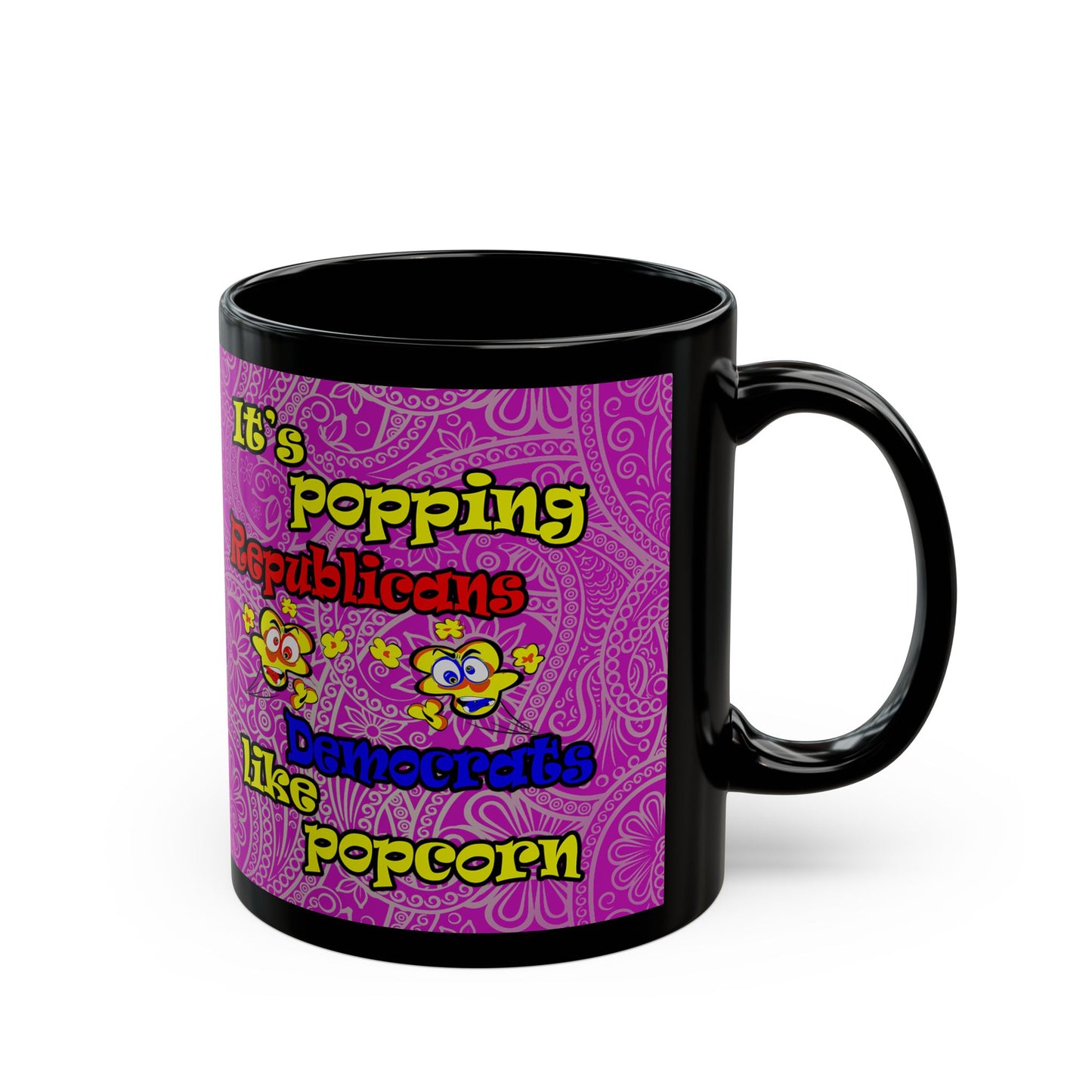 popping like popcorn - Black Mug (pink swirl)