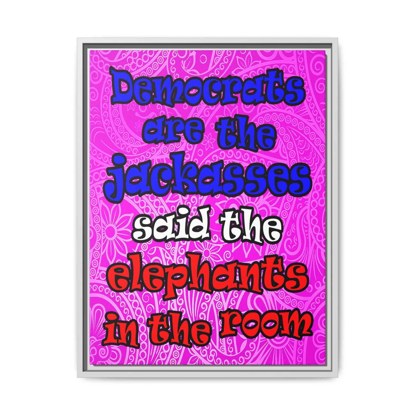 donkeys and elephants - framed canvas art (pink swirl)