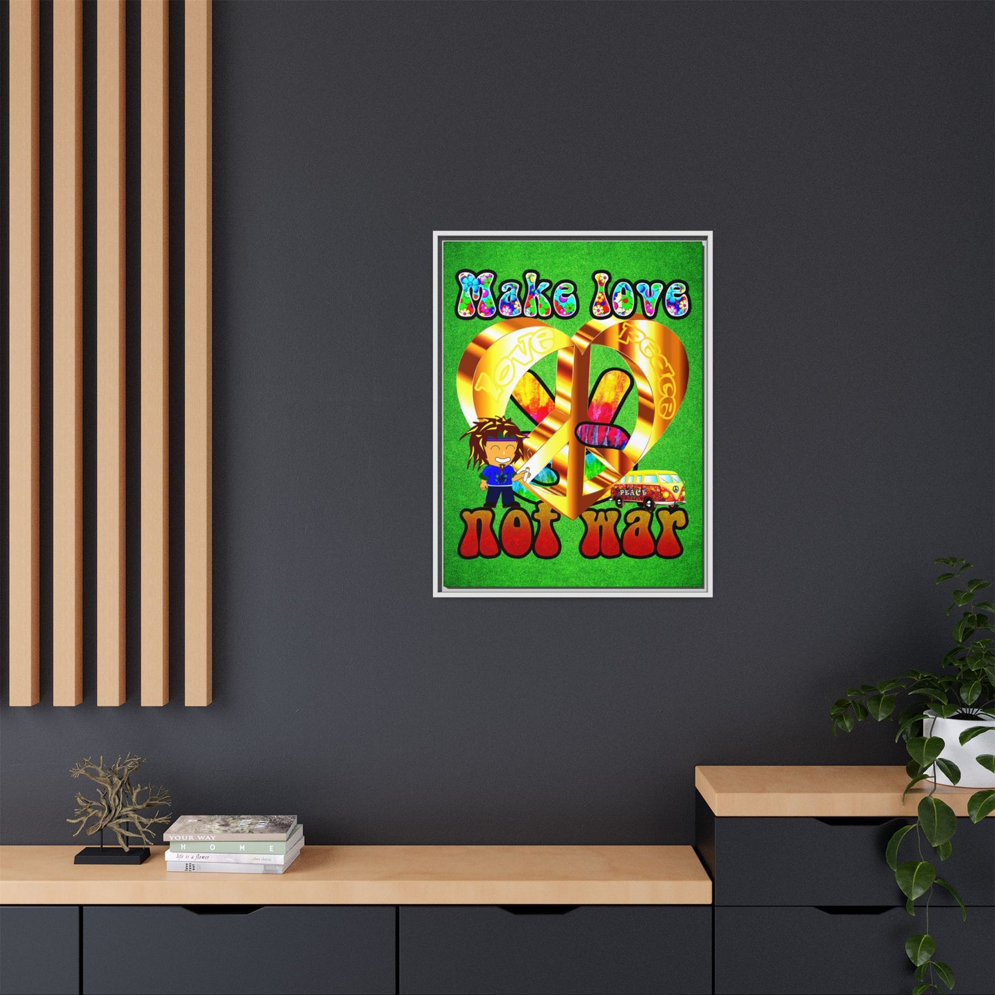 love peace - framed canvas art (green turf)