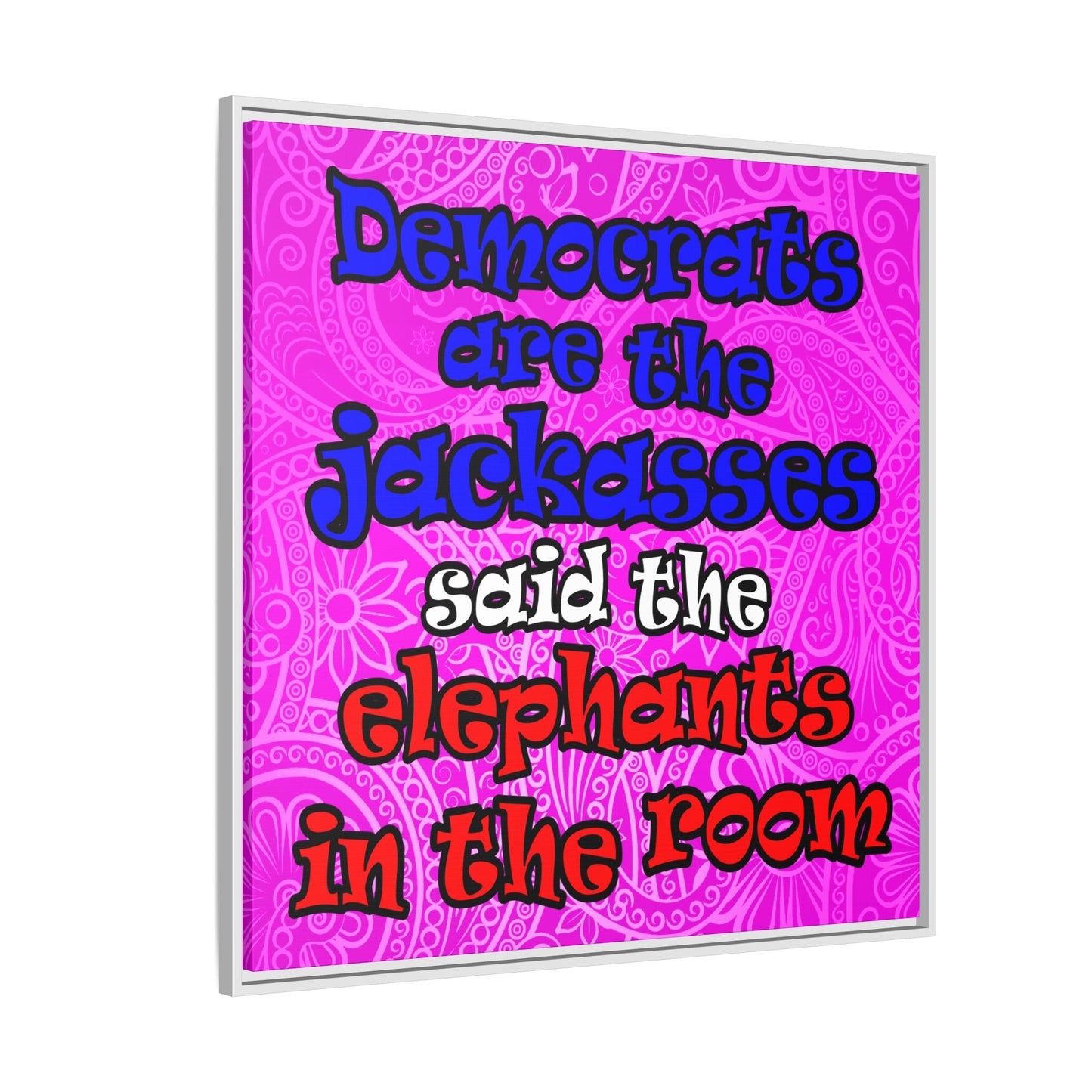 donkeys and elephants - framed canvas art (pink swirl)
