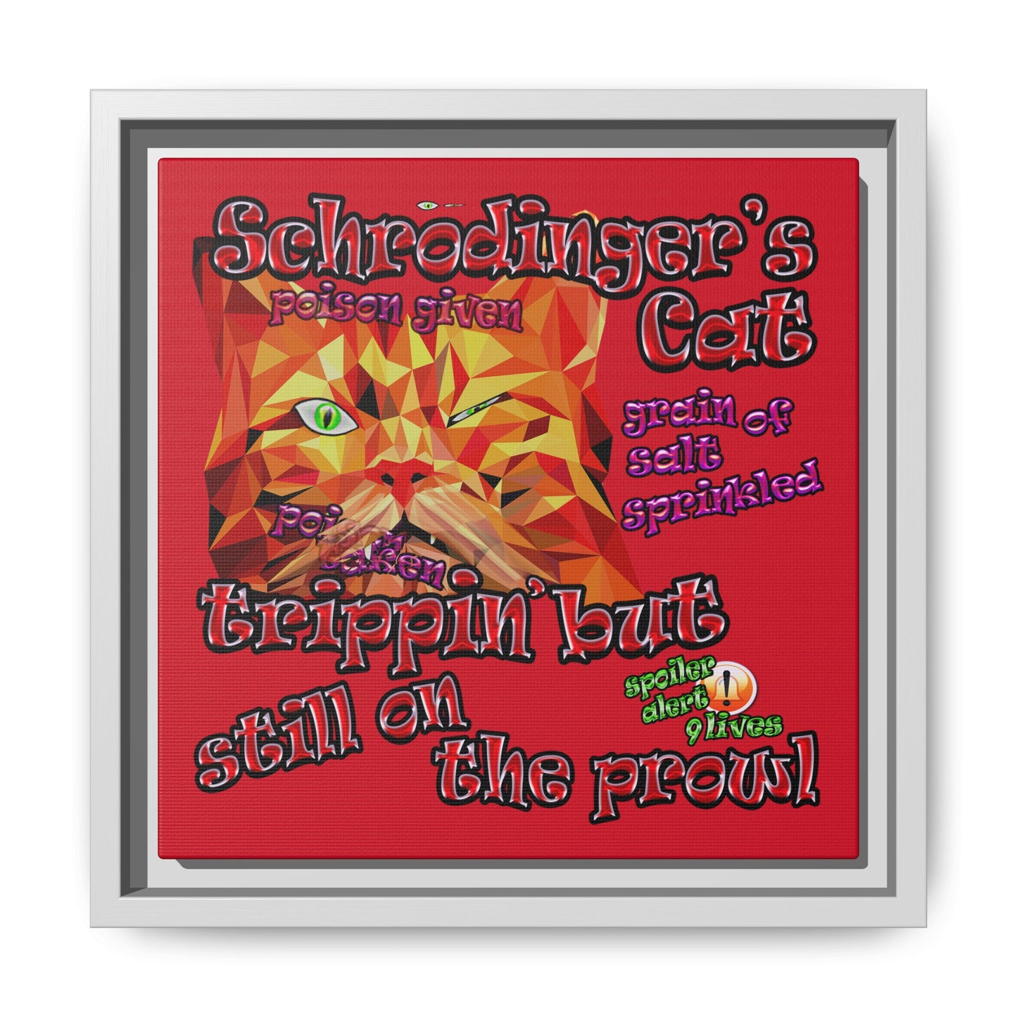 schrodinger's cat - framed canvas art (dark red)