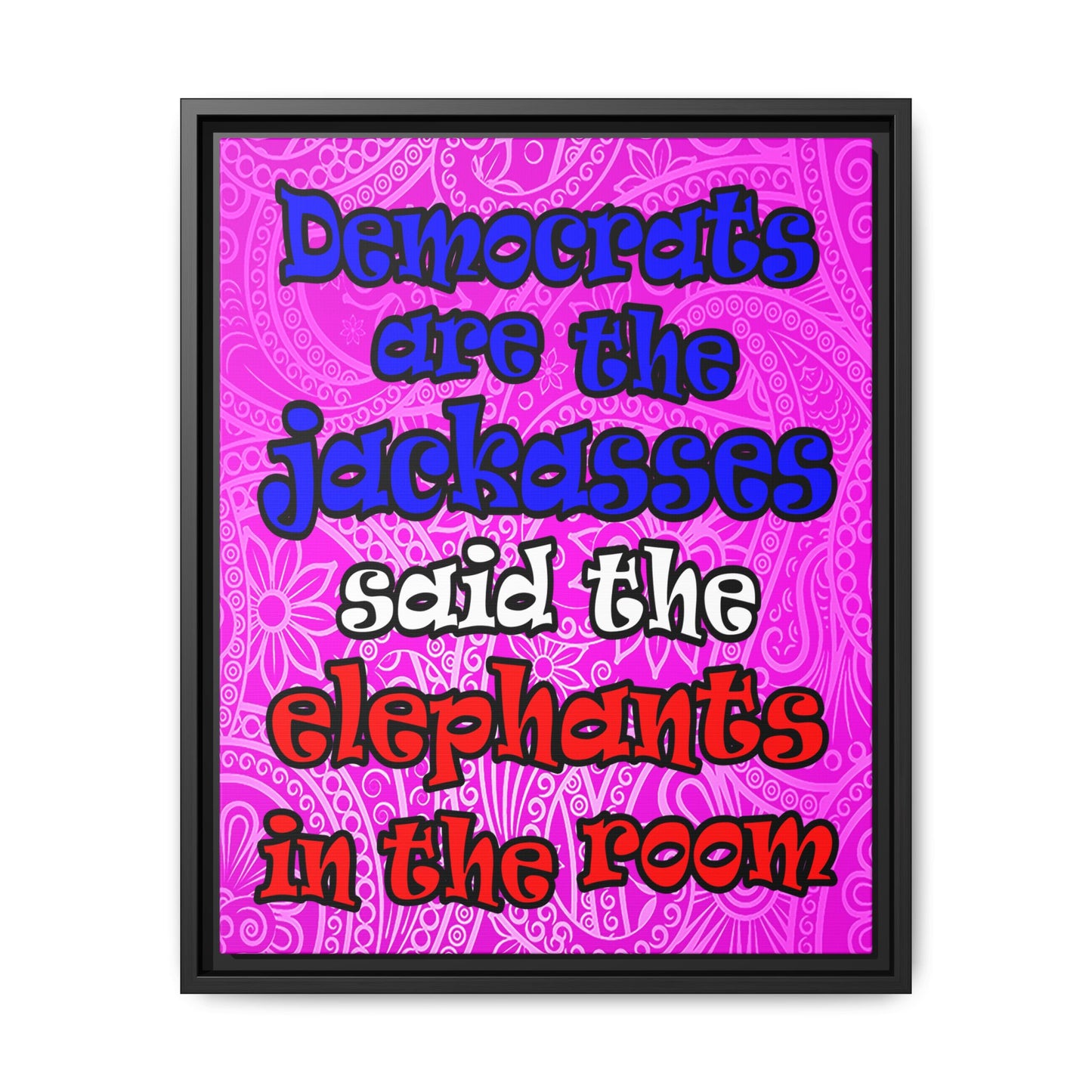 donkeys and elephants - framed canvas art (pink swirl)