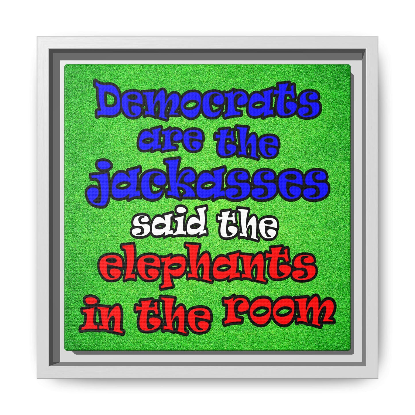 donkeys and elephants - framed canvas art (green turf)